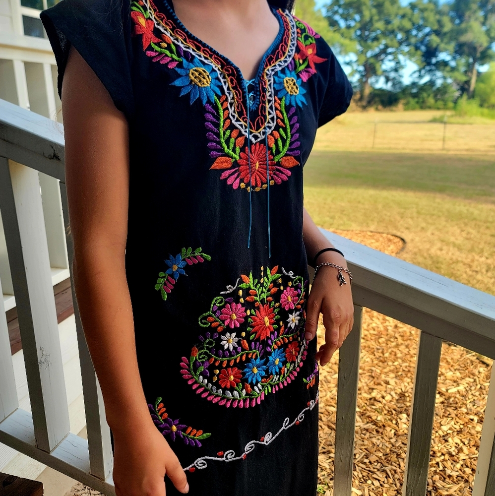 Traditional Mexican Embroidered Floral Dress - S